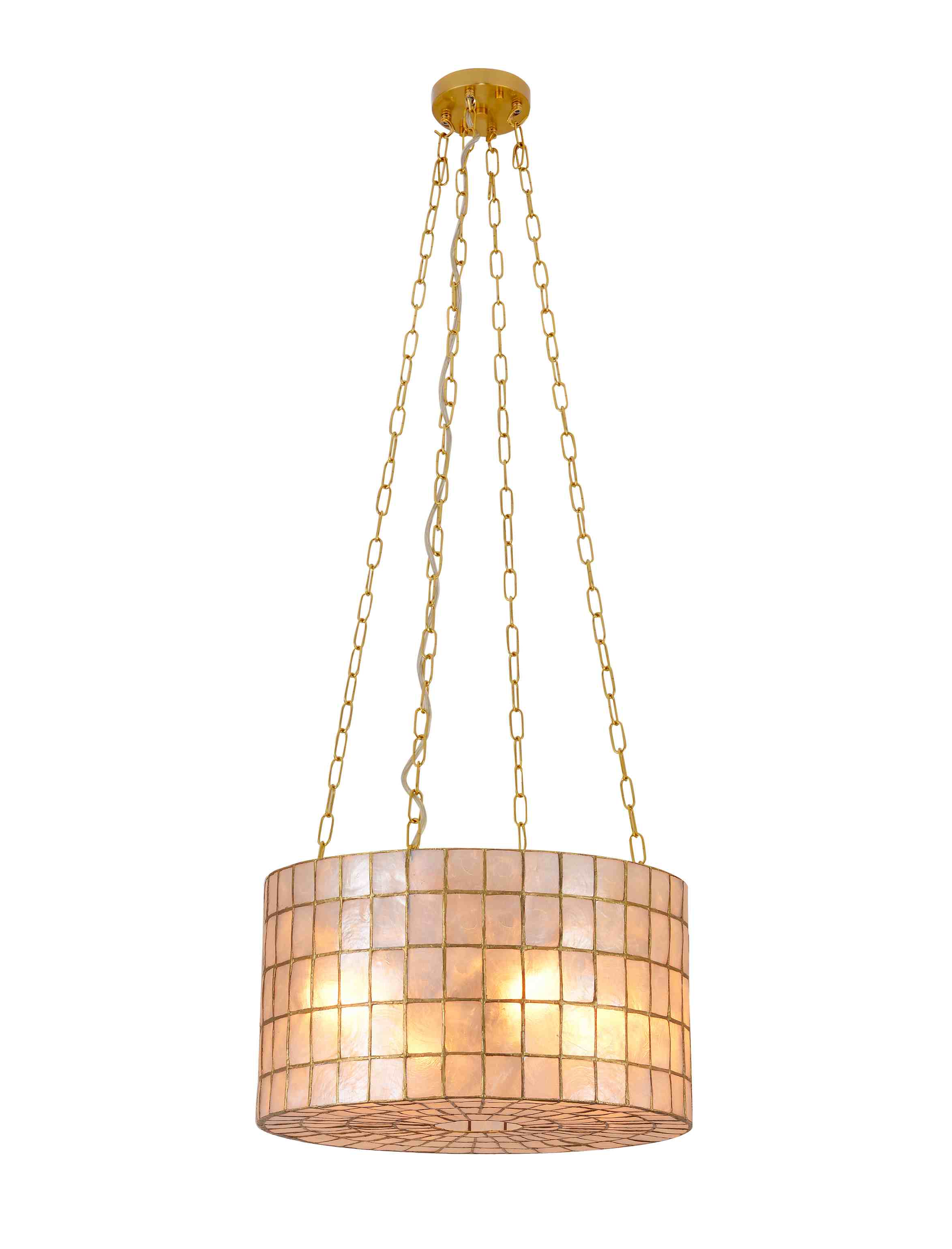 Capiz Testa Drum Chandelier cum Catenis Aurum Capiz Testa Drum Chandelier cum Catenis Aurum
